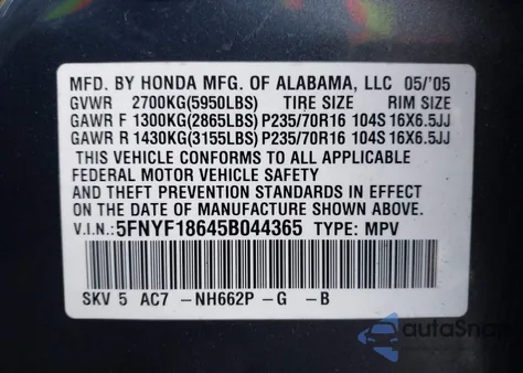 2005 Honda Pilot Ex-L из США, поврежденный, VIN 5FNYF18645B044365